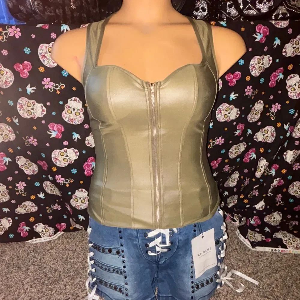 Lydia USA Front Zip Tie Back Corset Top Olive